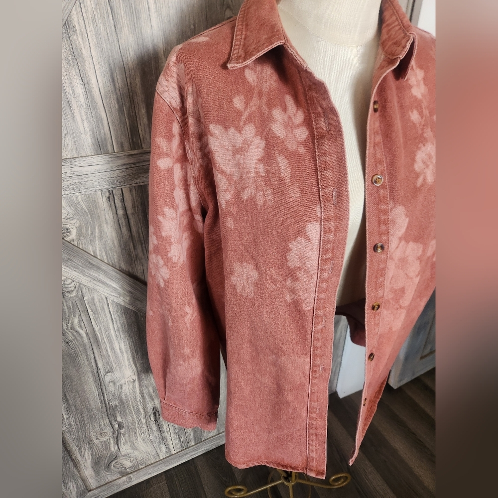 Rustic Rose Washed Denim  Button-Up Shirt/Shacket - Picture 3 of 8